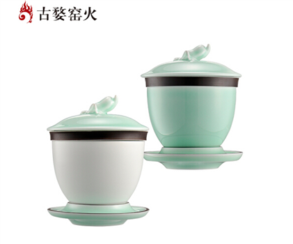 古婺窯火 經(jīng)典永藏系列 福手蓋碗玉青玉砂一對(duì) 禮盒包裝 福手對(duì)碗