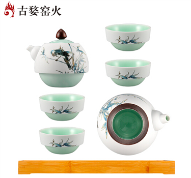 古婺窯火 般若系列 般若A玉砂畫面一壺四杯一公道一茶盤 茶盤包裝 般若A（玉砂畫面）