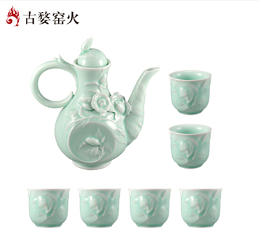 古婺窯火 婺州瓷 酒·器 錦上添花酒具一壺六杯玉青堆雕 禮盒包裝 錦上添花酒具