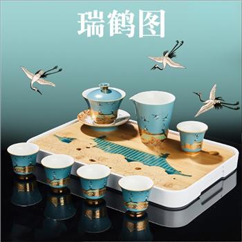 容山堂瑞鶴圖竹制茶盤(pán)彩繪雕刻小茶臺(tái)大干泡盤(pán)儲(chǔ)水式創(chuàng)意茶席茶具