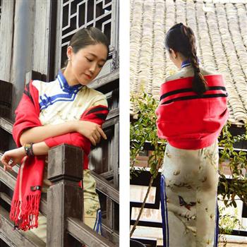 金加灜蠶絲棉紅色披肩圍巾