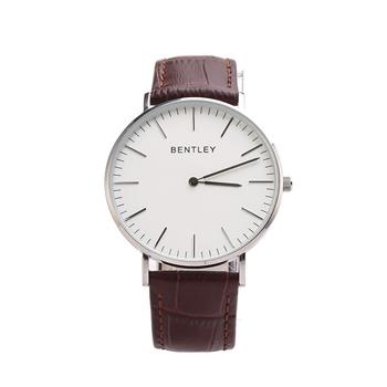 BENTLEY 鋼色殼白面棕色鱷紋牛皮表帶男士腕表