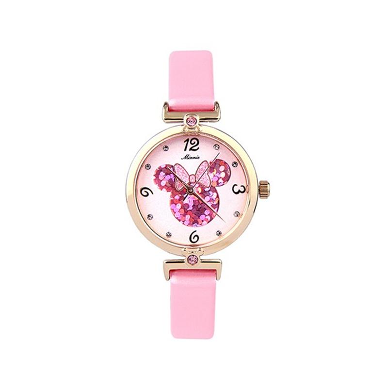 迪士尼（Disney）兒童手表女孩細(xì)表帶真皮水鉆電子表 粉紅色 