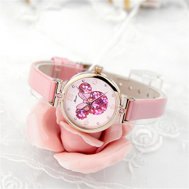 迪士尼（Disney）兒童手表女孩細(xì)表帶真皮水鉆電子表 粉紅色 