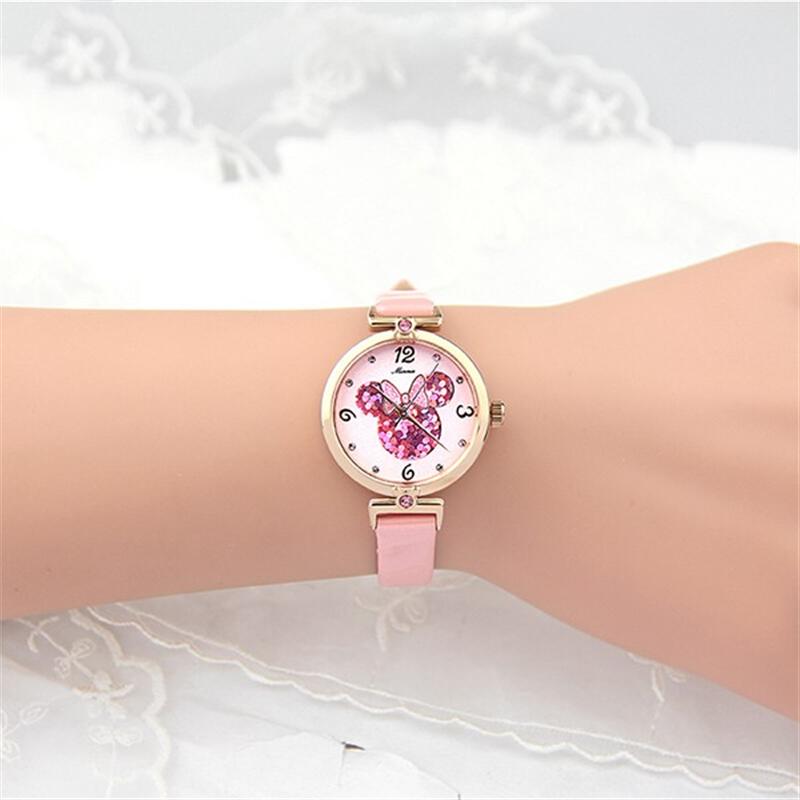 迪士尼（Disney）兒童手表女孩細(xì)表帶真皮水鉆電子表 粉紅色 