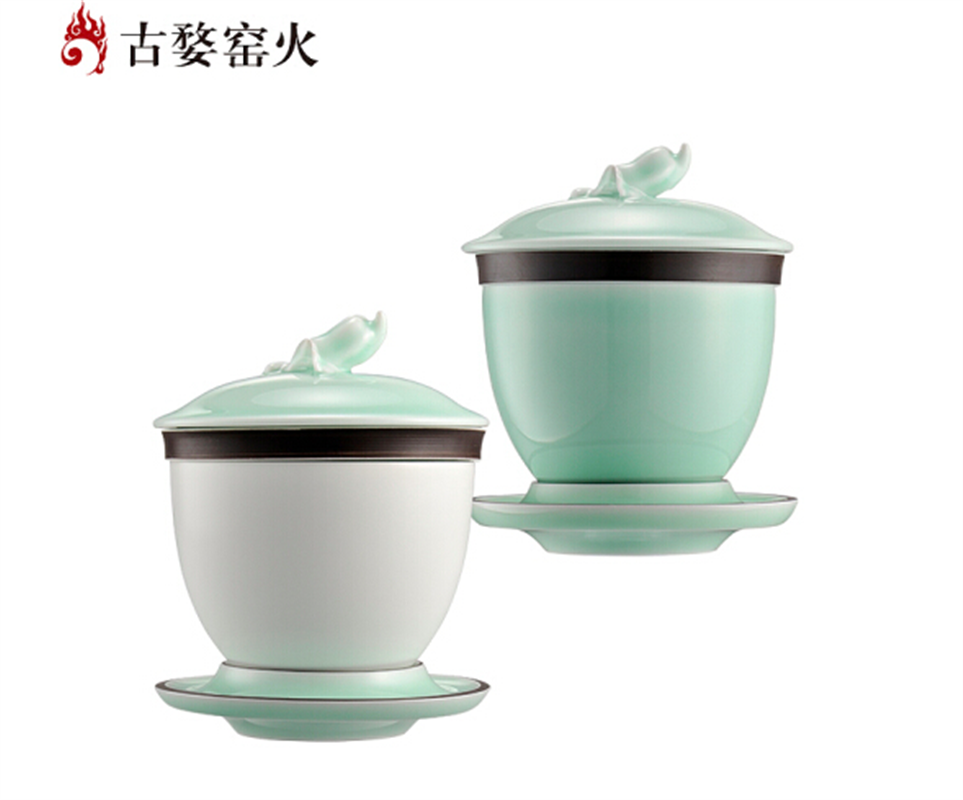 古婺窯火 經(jīng)典永藏系列 福手蓋碗玉青玉砂一對(duì) 禮盒包裝 福手對(duì)碗