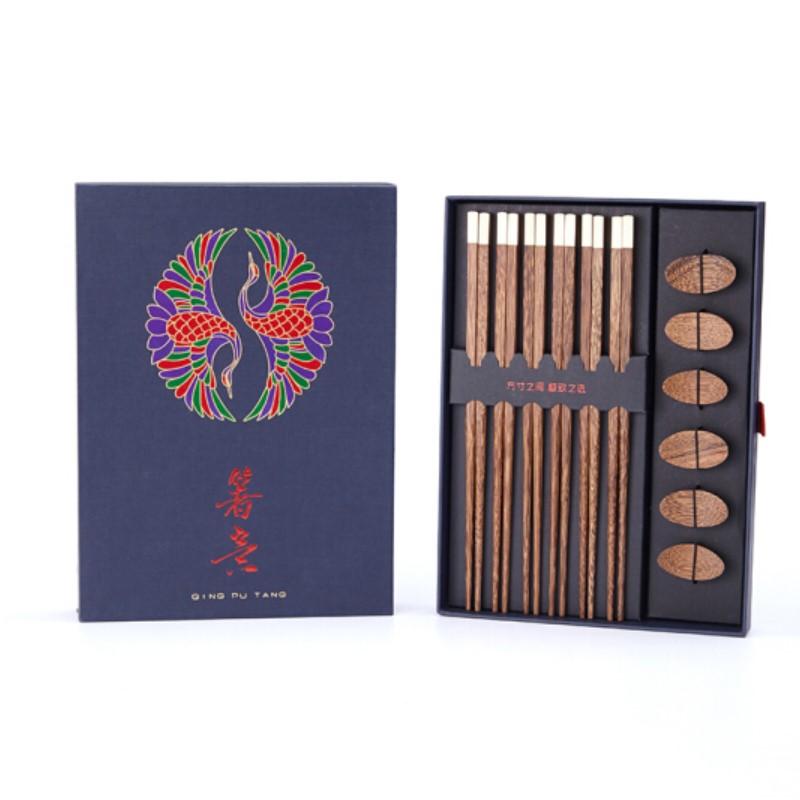 清樸堂 箸意6雙裝 筷子筷架禮物生日高檔禮盒裝日式餐具創(chuàng)意紀念品實用 2.0雞翅木+筷架