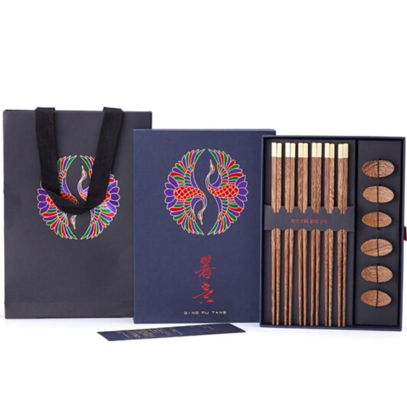 清樸堂 箸意6雙裝 筷子筷架禮物生日高檔禮盒裝日式餐具創(chuàng)意紀念品實用 2.0雞翅木+筷架