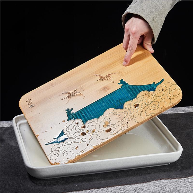 容山堂瑞鶴圖竹制茶盤彩繪雕刻小茶臺大干泡盤儲水式創(chuàng)意茶席茶具