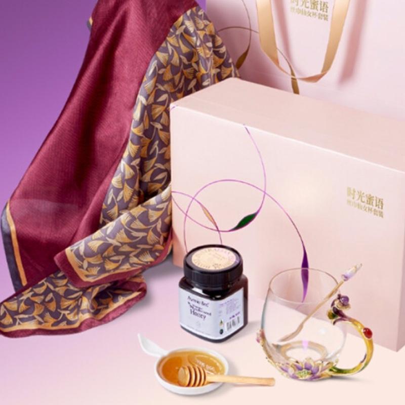 時光蜜語絲巾仙女杯套裝 真絲絲巾琺瑯彩水杯澳洲蜂蜜 送女友送女客戶