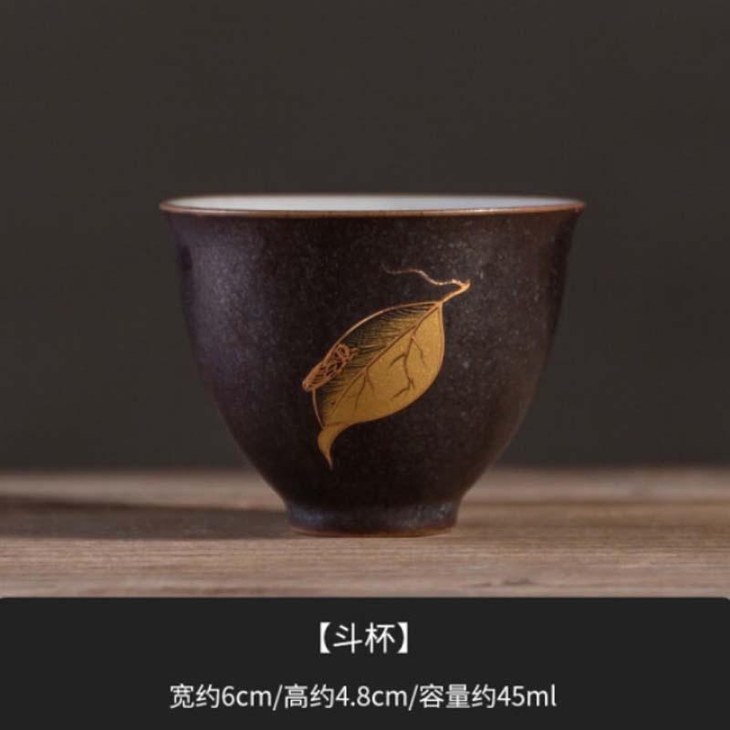 容山堂景致金枝玉葉銀斑釉蓋碗茶杯大號復古家用泡茶功夫茶具套裝 金枝玉葉銀斑描金茶杯-斗杯