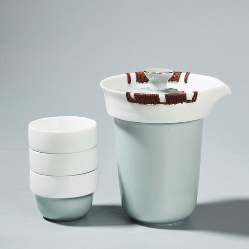 容山堂輕時 旅行茶具套裝 陶瓷便攜包一壺四杯二戶外泡茶杯快客杯 知途旅行茶具套裝-天青