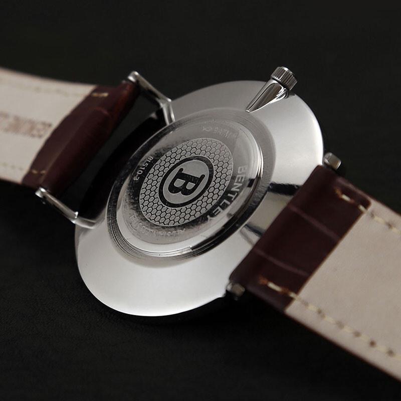 BENTLEY 鋼色殼白面棕色鱷紋牛皮表帶男士腕表