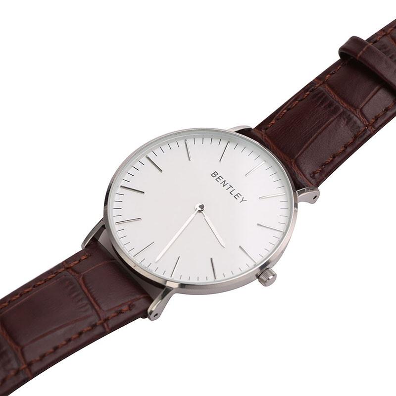 BENTLEY 鋼色殼白面棕色鱷紋牛皮表帶男士腕表