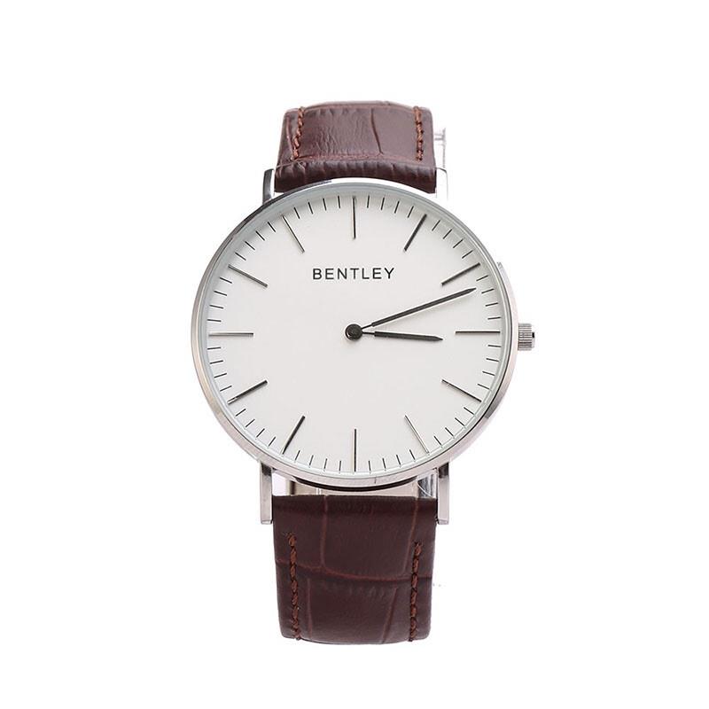 BENTLEY 鋼色殼白面棕色鱷紋牛皮表帶男士腕表