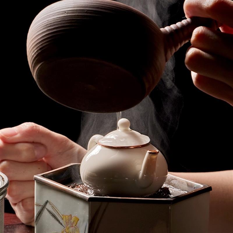 學(xué)古|金線孟臣?jí)?陶瓷壺紫銅包邊梨形壺工夫茶器