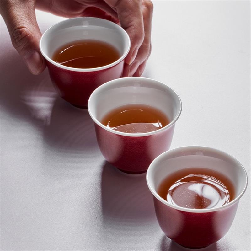 學(xué)古|石榴紅泰斗小杯 手工薄胎明代景德鎮(zhèn)霽紅釉茶杯6只禮盒50ml