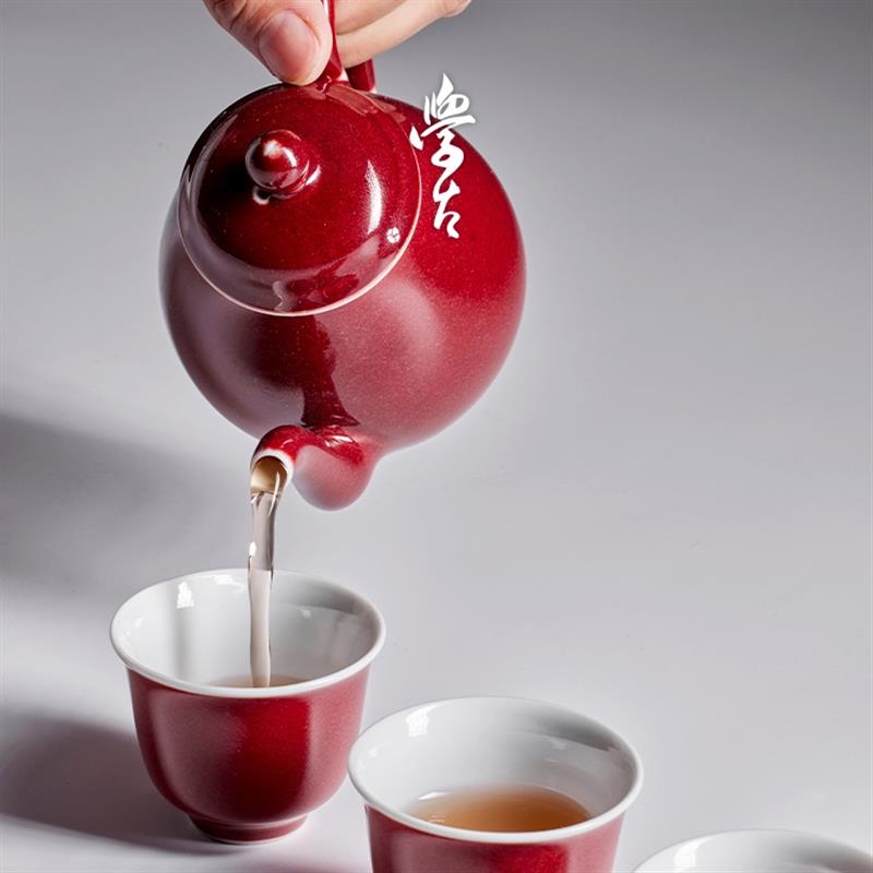 學(xué)古|石榴紅泰斗小杯 手工薄胎明代景德鎮(zhèn)霽紅釉茶杯6只禮盒50ml