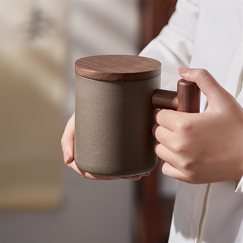 木笙玩物手工陶瓷杯原礦青灰段紫砂杯帶蓋家用大容量水杯泡茶杯子