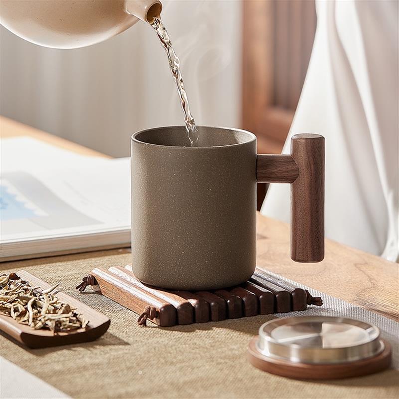 木笙玩物手工陶瓷杯原礦青灰段紫砂杯帶蓋家用大容量水杯泡茶杯子