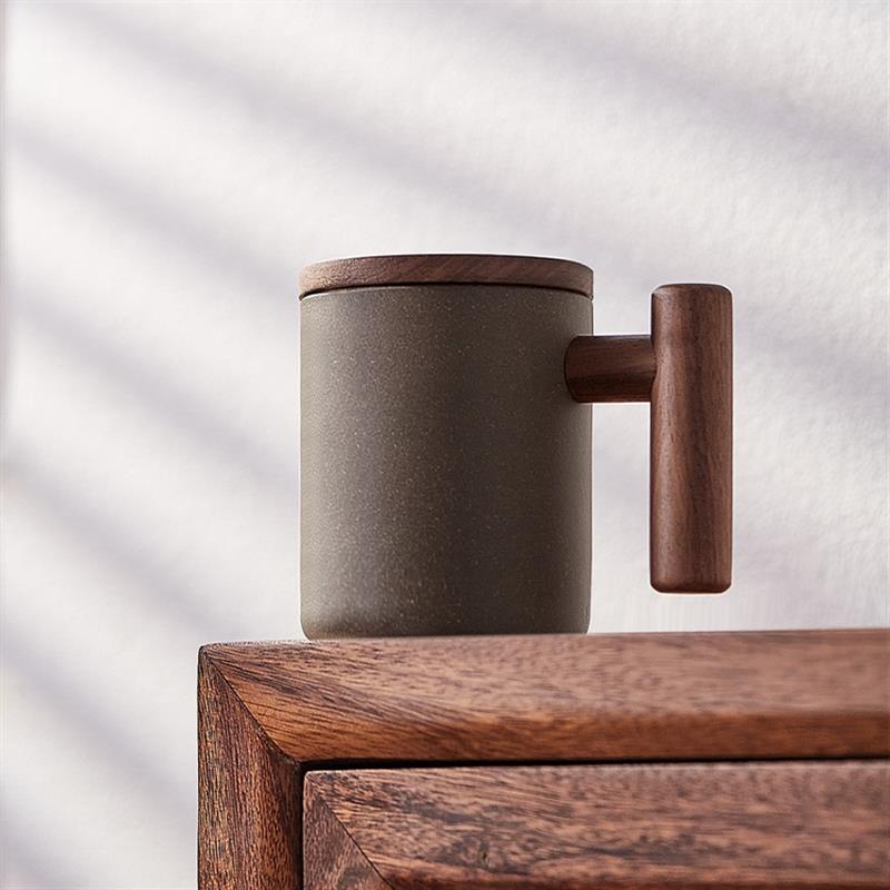 木笙玩物手工陶瓷杯原礦青灰段紫砂杯帶蓋家用大容量水杯泡茶杯子