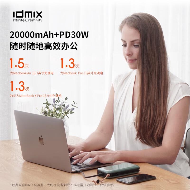 IDMIX 氮化鎵充電寶PD65W快充帶插頭 20000毫安時(shí)大容量移動(dòng)電源30W輸出
