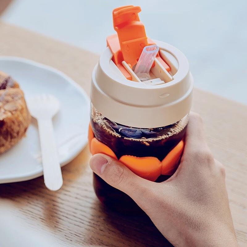 so.home柿柿如意雙飲玻璃水杯女便攜咖啡杯可愛高顏值帶吸管隨行學生杯子 