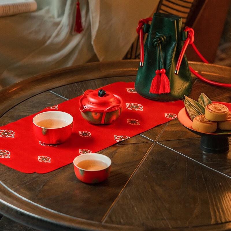 萬仟堂（Edenus） 唐宮夜宴聯(lián)名旅行茶具套裝 陶瓷帶包 便攜式戶外茶具泡茶自用 