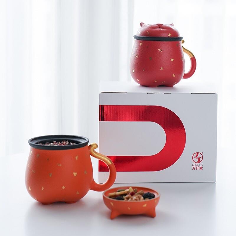 萬(wàn)仟堂（Edenus）茶具 茶杯 貓杯帶濾網(wǎng)馬克杯 茶水分離杯 茶杯水杯 招財(cái)貓茶杯 